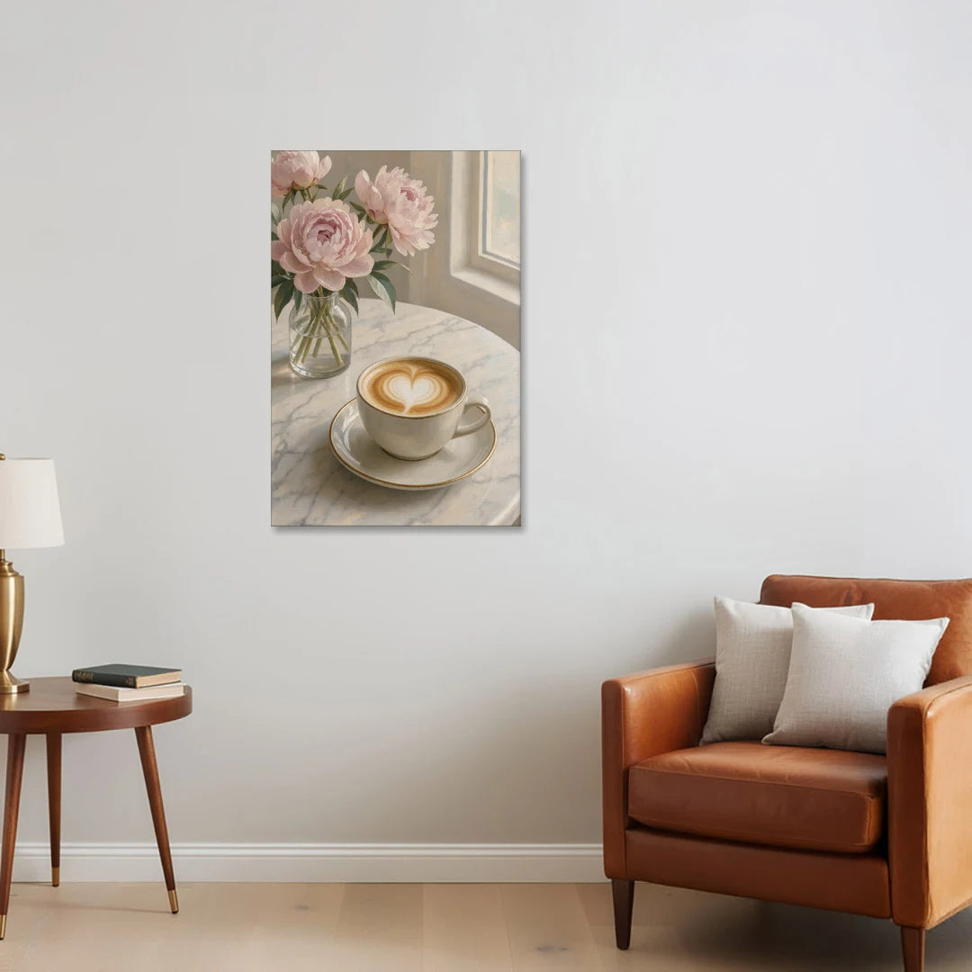 Cappuccino Heart with Blush Peonies - Canvas Wall Art - Sofa - 24x36