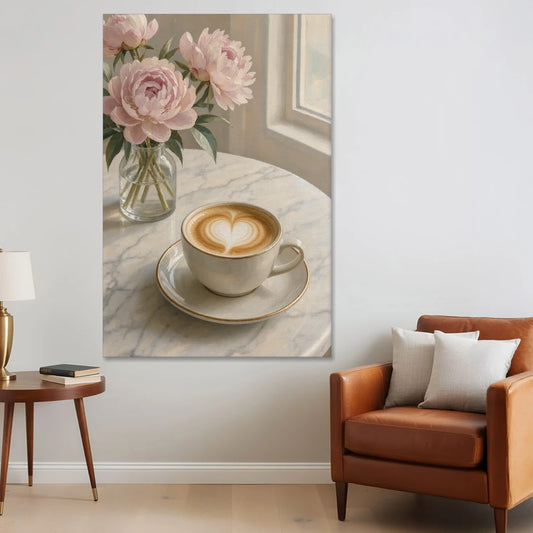 Cappuccino Heart with Blush Peonies for the Kitchen - Canvas Wall Art - Sofa - 40x60