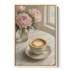 Cappuccino Heart with Blush Peonies for the Kitchen - Oak Framed Canvas Wall Art - Front
