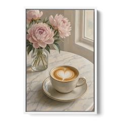 Cappuccino Heart with Blush Peonies for the Kitchen - White Framed Canvas Wall Art - Front