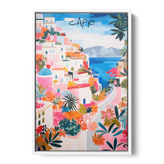 Capri Art of a Flowered Lane - White Framed Canvas Wall Art - Front