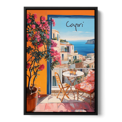 Capri Painting of a Bougainvillea Balcony - Black Framed Canvas Wall Art - Front