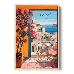 Capri Painting of a Bougainvillea Balcony - Oak Framed Canvas Wall Art - Front