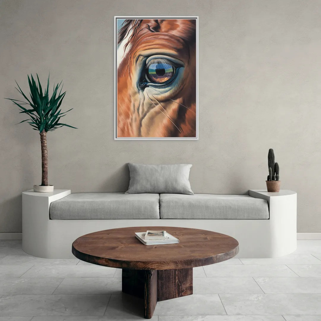 Captivating Horse Eye Close-Up - Living Room White Frame Canvas