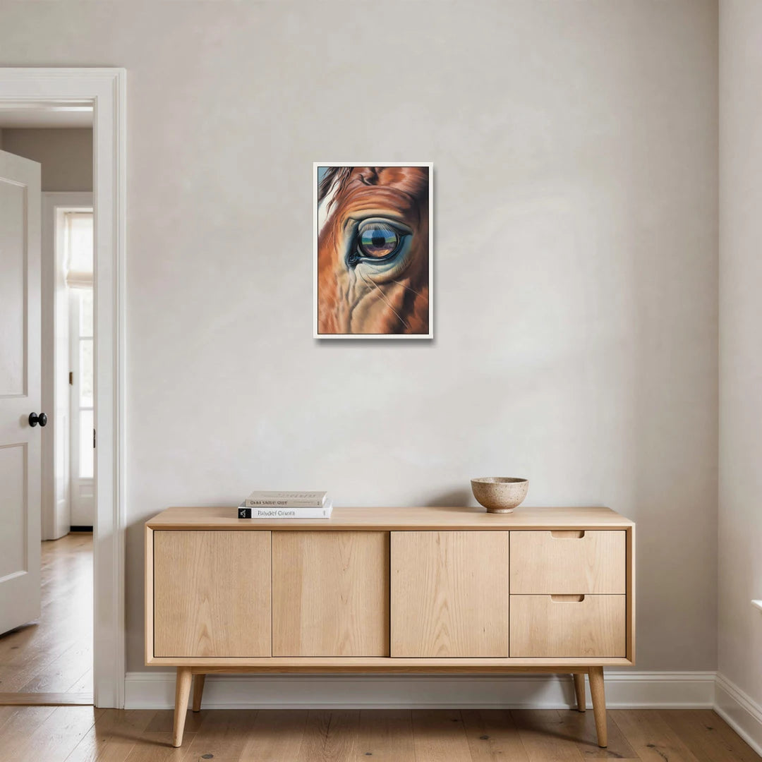 Captivating Horse Eye Close-Up - White Framed Canvas Wall Art - Coffee Table - 16x24