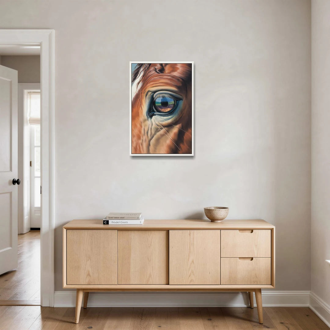 Captivating Horse Eye Close-Up - White Framed Canvas Wall Art - Coffee Table - 20x30