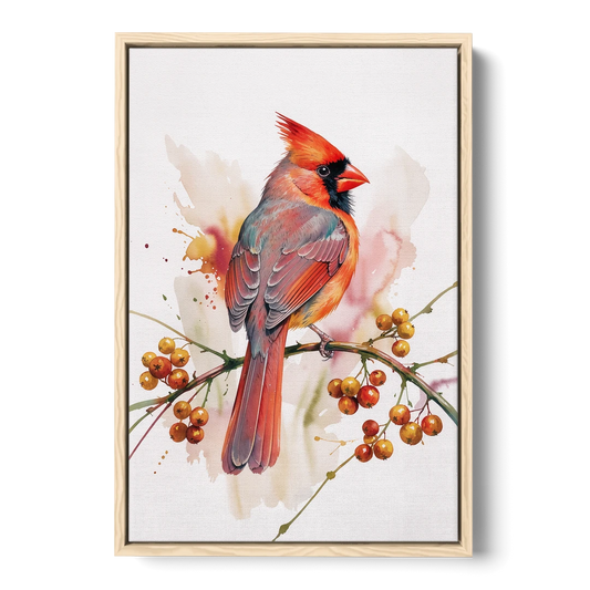 Cardinal Art Print with Bittersweet Vine - Oak Framed Canvas Wall Art - Front