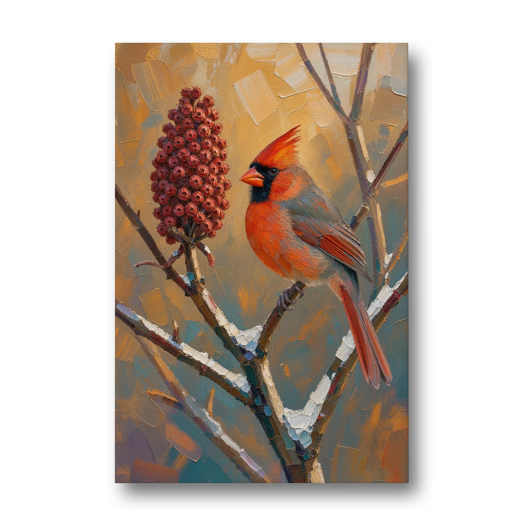 Cardinal Beside a Staghorn Sumac Cone - Canvas Wall Art - Front