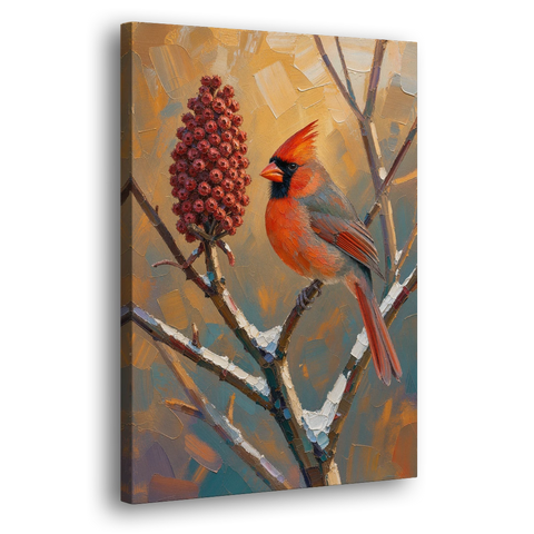 Cardinal Beside a Staghorn Sumac Cone - Canvas Wall Art