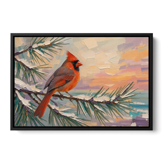 Cardinal Bird Painting at Winter Sunset - Black Framed Canvas Wall Art - Front
