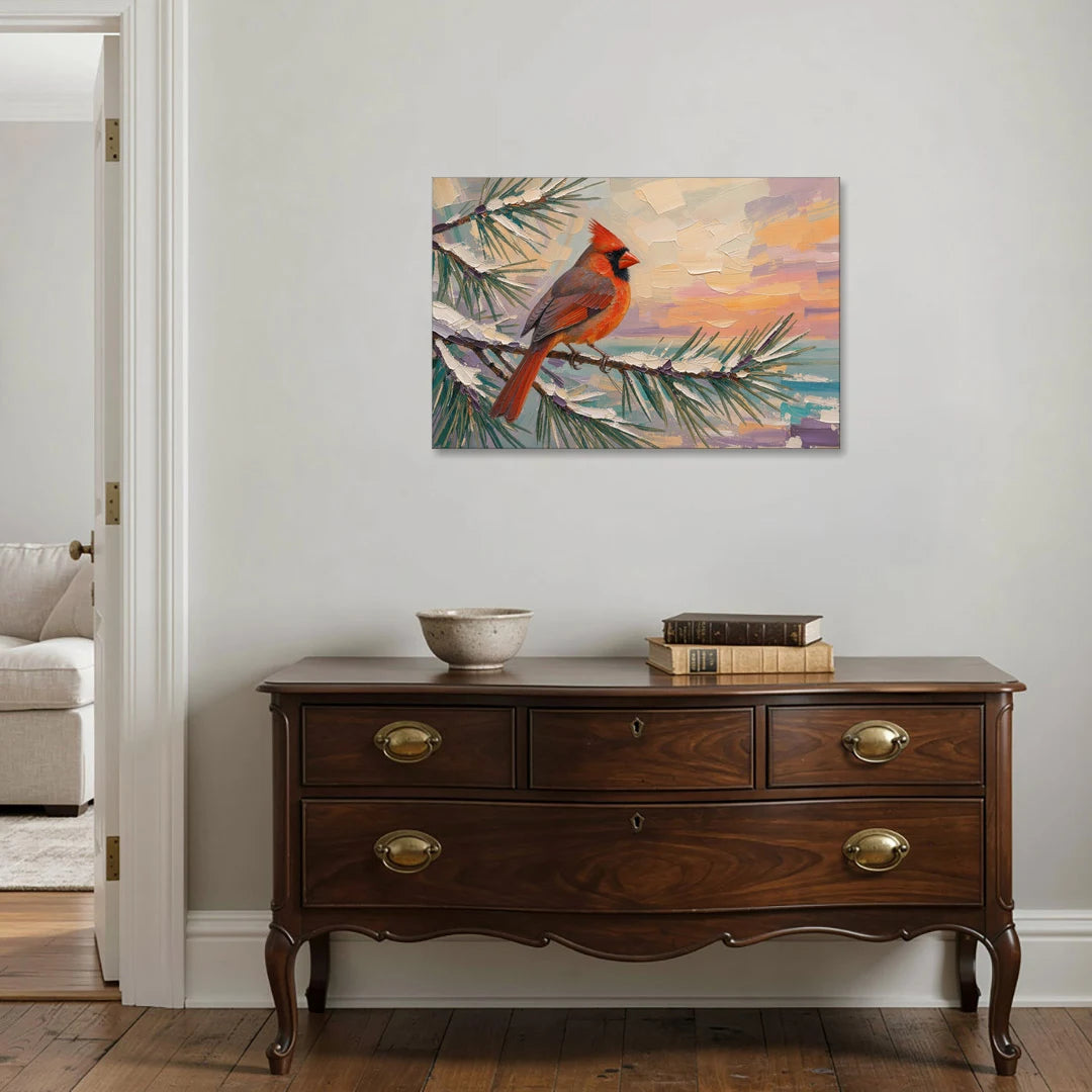 Cardinal Bird Painting at Winter Sunset - Canvas Wall Art - Coffee Table - 36x24