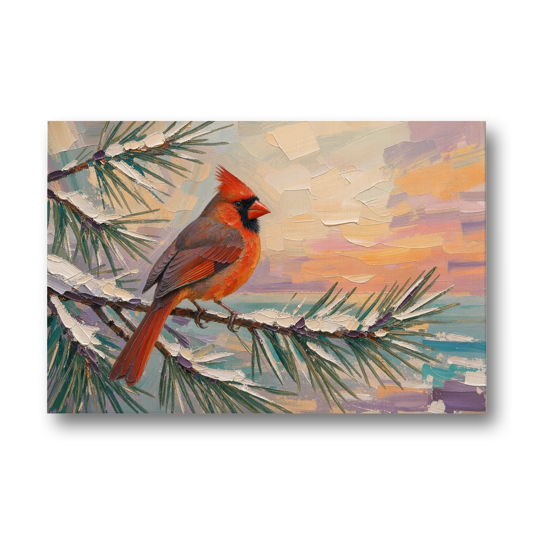 Cardinal Bird Painting at Winter Sunset - Canvas Wall Art - Front