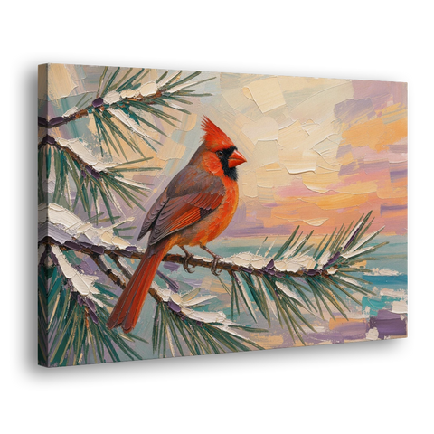 Cardinal Bird Painting at Winter Sunset - Canvas Wall Art