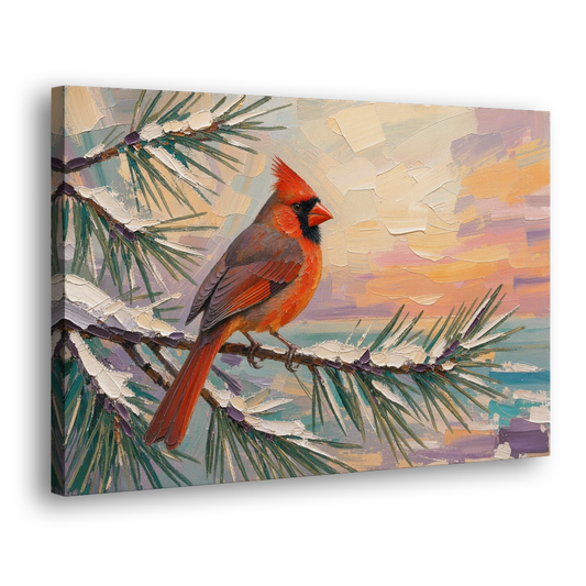 Cardinal Bird Painting at Winter Sunset - Canvas Wall Art - Side