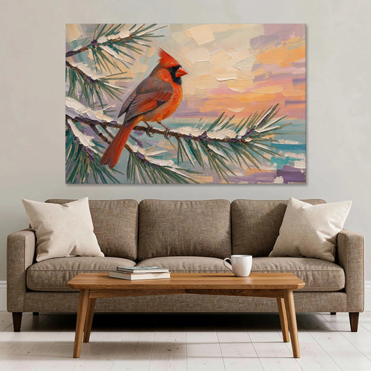 Cardinal Bird Painting at Winter Sunset - Canvas Wall Art - Sofa - 60x40