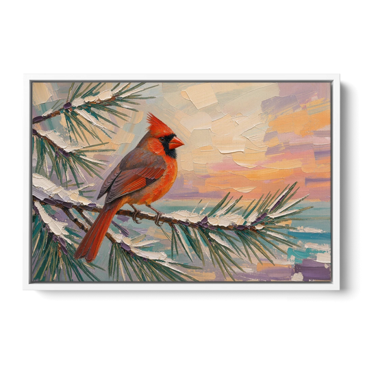 Cardinal Bird Painting at Winter Sunset - White Framed Canvas Wall Art - Front