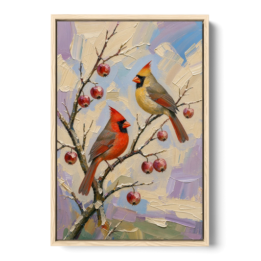 Cardinal Canvas Pair on Crabapple - Oak Framed Canvas Wall Art - Front