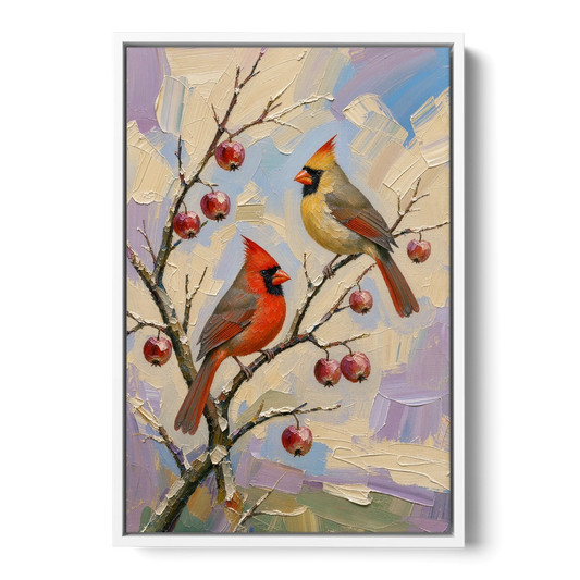 Cardinal Canvas Pair on Crabapple - White Framed Canvas Wall Art - Front