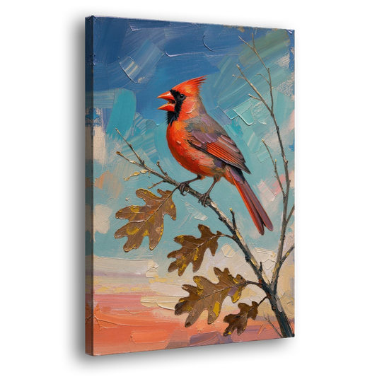 Cardinal Canvas Print Singing on Bare Oak - Canvas Wall Art - Side
