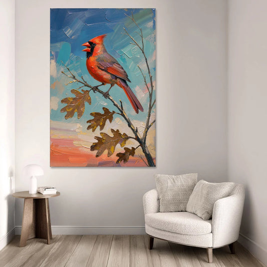 Cardinal Canvas Print Singing on Bare Oak - Canvas Wall Art - Sofa - 40x60