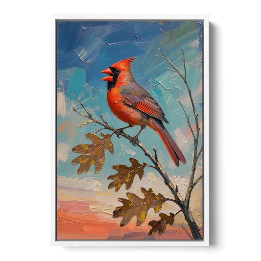 Cardinal Canvas Print Singing on Bare Oak - White Framed Canvas Wall Art - Front