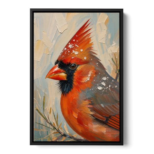 Cardinal Profile with Snow-Dusted Crest - Black Framed Canvas Wall Art - Front