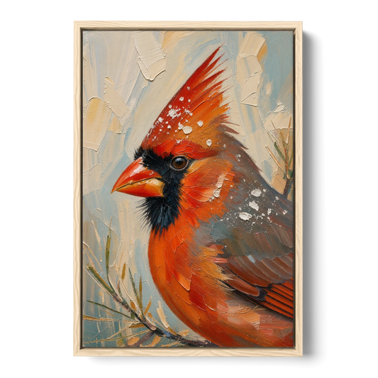 Cardinal Profile with Snow-Dusted Crest - Oak Framed Canvas Wall Art - Front