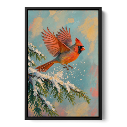 Cardinal Taking Flight from Snowy Hemlock - Black Framed Canvas Wall Art - Front