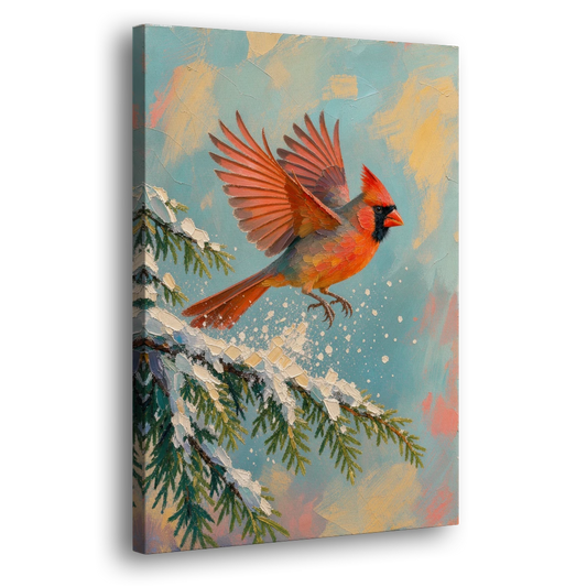 Cardinal Taking Flight from Snowy Hemlock - Canvas Wall Art - Side