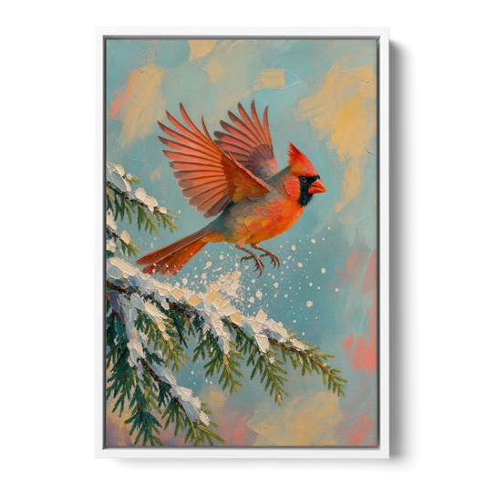 Cardinal Taking Flight from Snowy Hemlock - White Framed Canvas Wall Art - Front