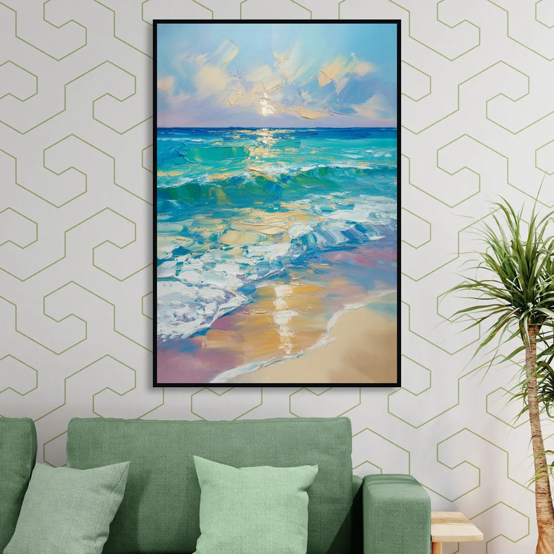 Caribbean Turquoise Gradient Living Room - Black Canvas Wall Art