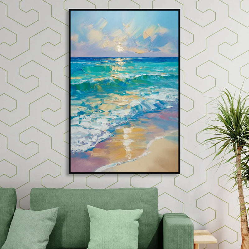Caribbean Turquoise Gradient Living Room - Black Canvas Wall Art
