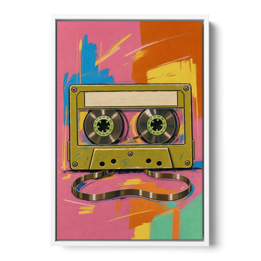 Cassette Tape Wall Art with Unspooled Tape Loop - White Framed Canvas Wall Art - Front