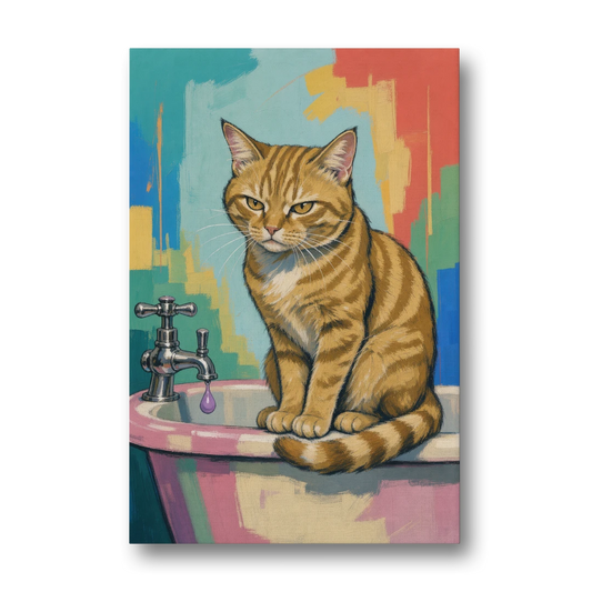 Cat Bathroom Wall Art with a Grumpy Tabby - Canvas Wall Art - Front