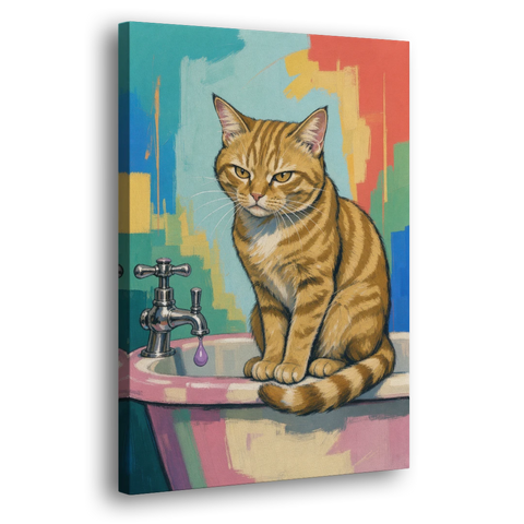 Cat Bathroom Wall Art with a Grumpy Tabby - Canvas Wall Art - Side