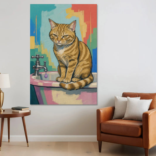 Cat Bathroom Wall Art with a Grumpy Tabby - Canvas Wall Art - Sofa - 40x60