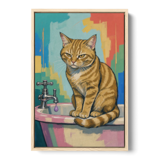 Cat Bathroom Wall Art with a Grumpy Tabby - Oak Framed Canvas Wall Art - Front