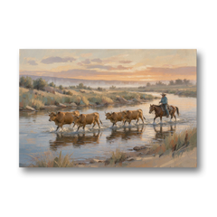 Cattle Drive Painting at the River Ford - Canvas Wall Art - Front