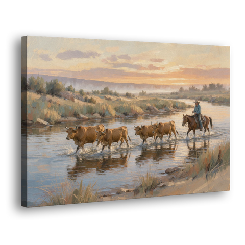 Cattle Drive Painting at the River Ford - Canvas Wall Art - Side