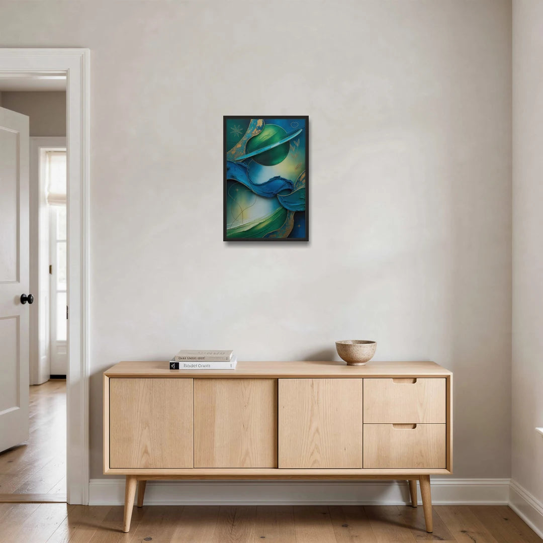 Celestial Nature Blue and Green Abstract - Black Framed Canvas Wall Art - Coffee Table - 16x24
