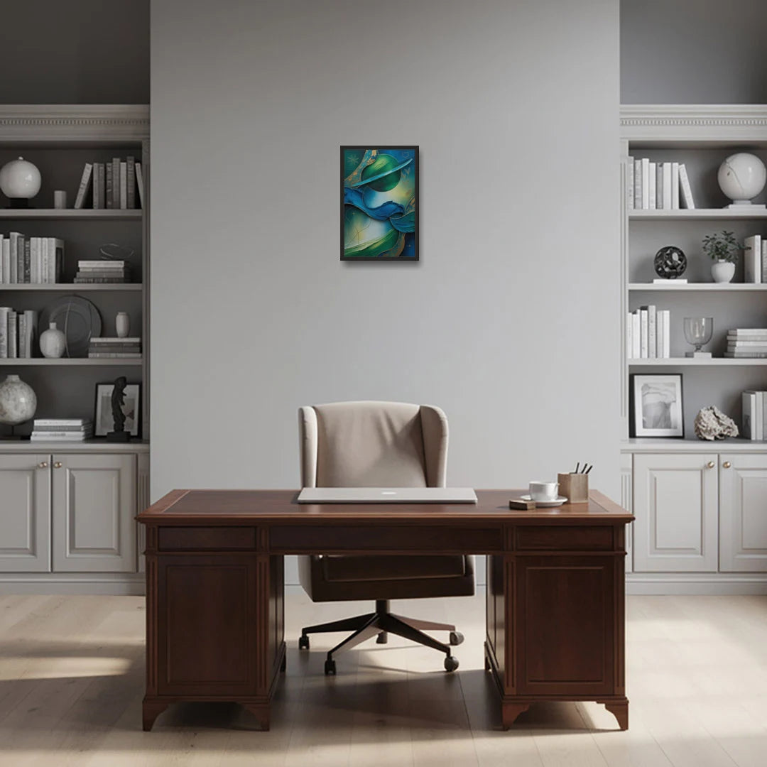 Celestial Nature Blue and Green Abstract - Black Framed Canvas Wall Art - Office - 12x18
