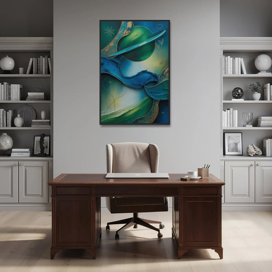 Celestial Nature Blue and Green Abstract - Black Framed Canvas Wall Art - Office - 32x48