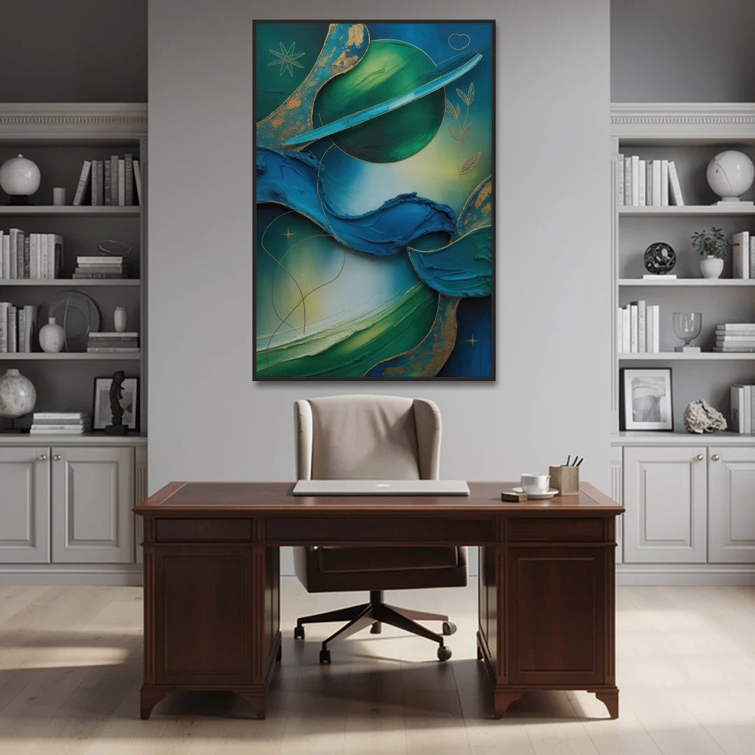 Celestial Nature Blue and Green Abstract - Black Framed Canvas Wall Art - Office - 40x60