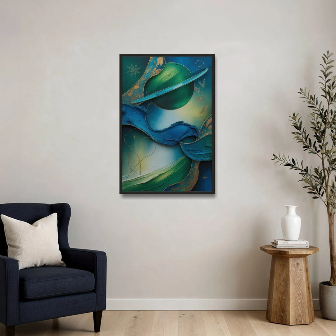 Celestial Nature Blue and Green Abstract - Black Framed Canvas Wall Art - Sofa - 24x36