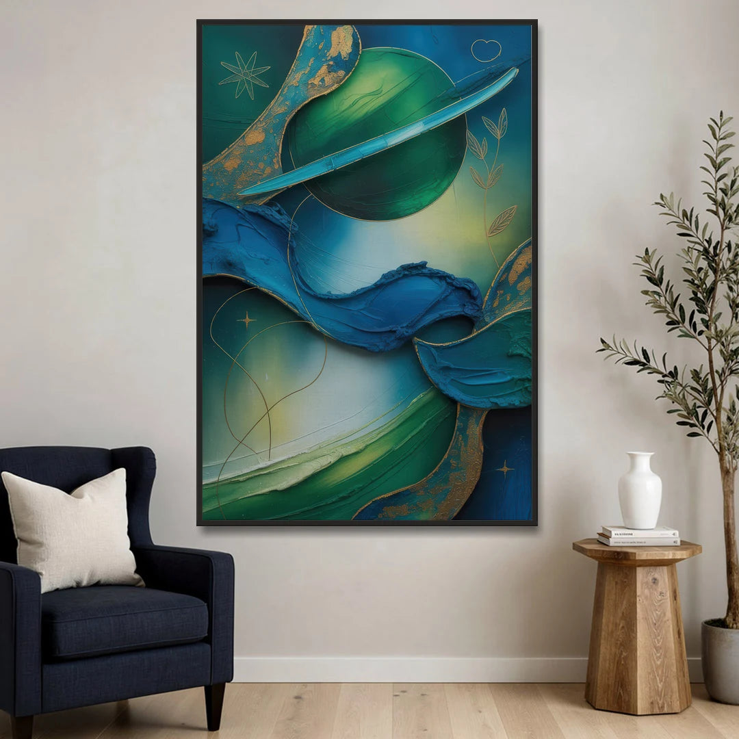 Celestial Nature Blue and Green Abstract - Black Framed Canvas Wall Art - Sofa - 40x60