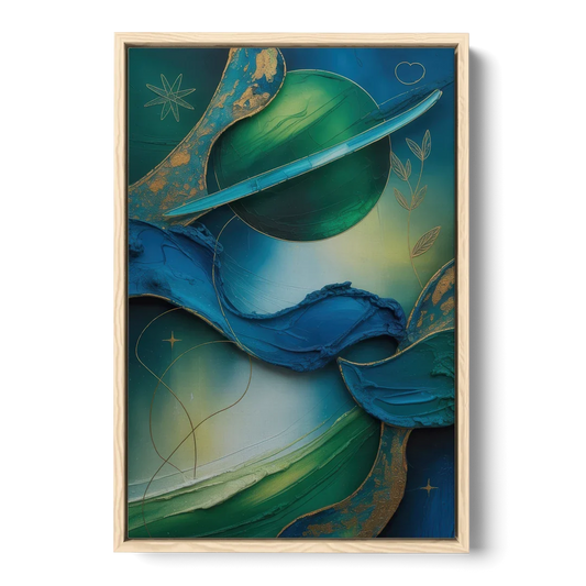 Celestial Nature Blue and Green Abstract - Oak Framed Canvas Wall Art - Front
