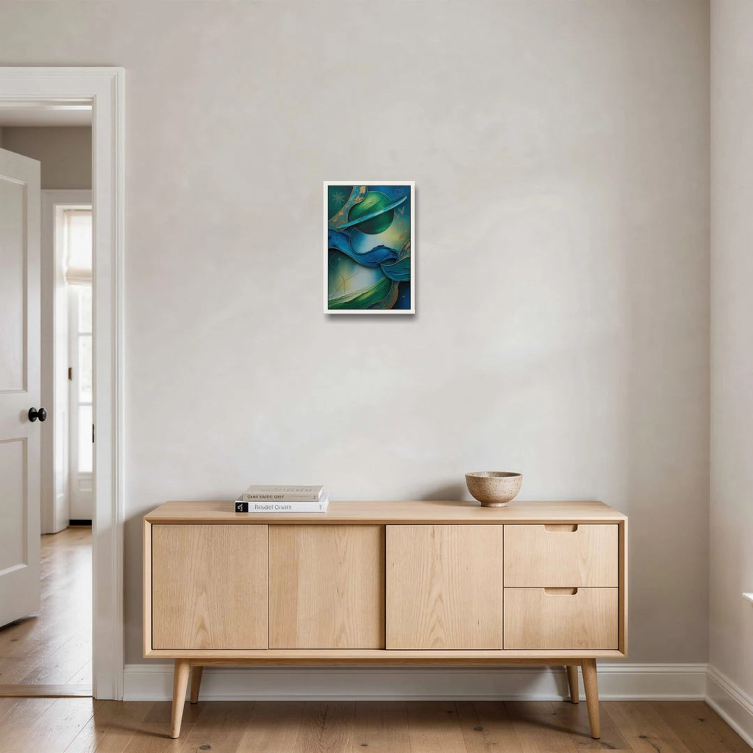 Celestial Nature Blue and Green Abstract - White Framed Canvas Wall Art - Coffee Table - 12x18