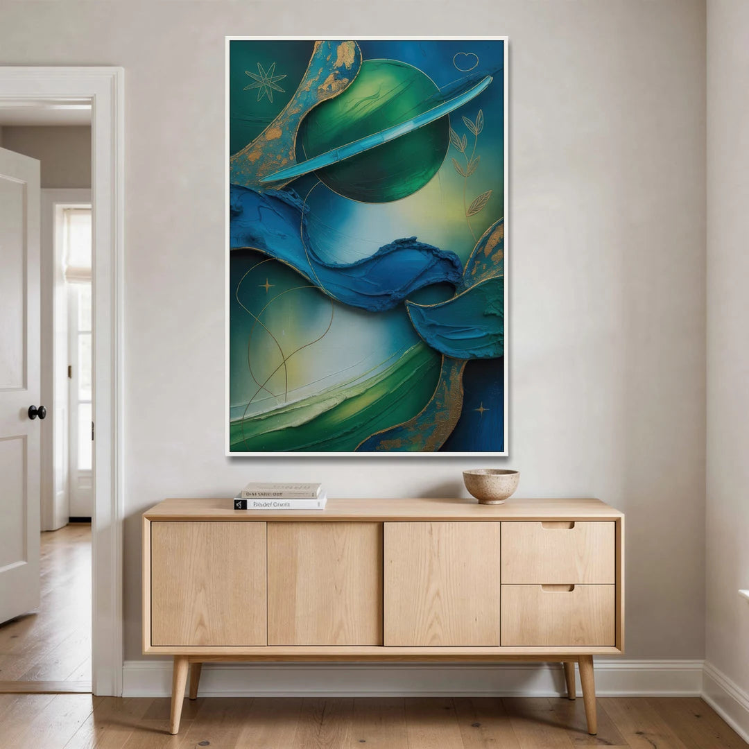 Celestial Nature Blue and Green Abstract - White Framed Canvas Wall Art - Coffee Table - 40x60