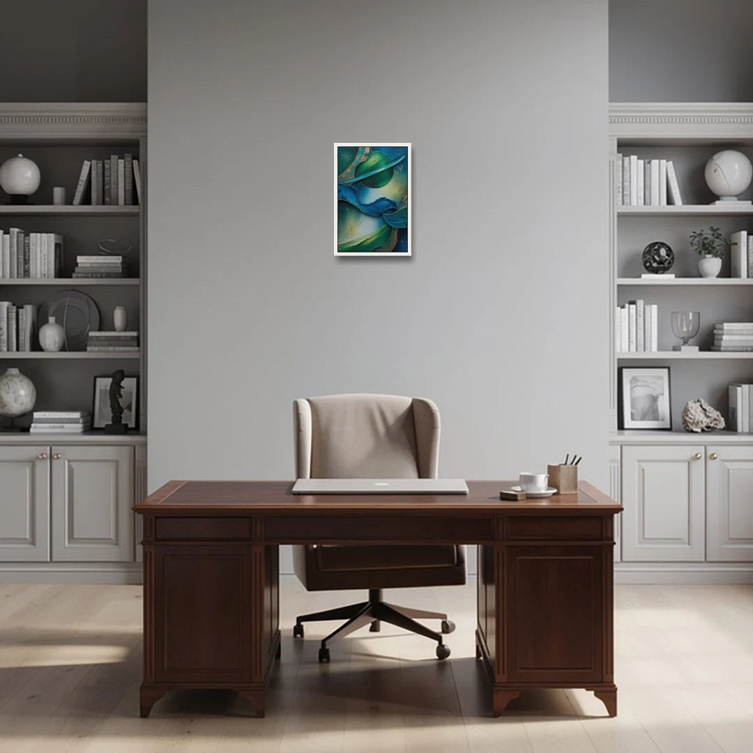 Celestial Nature Blue and Green Abstract - White Framed Canvas Wall Art - Office - 12x18