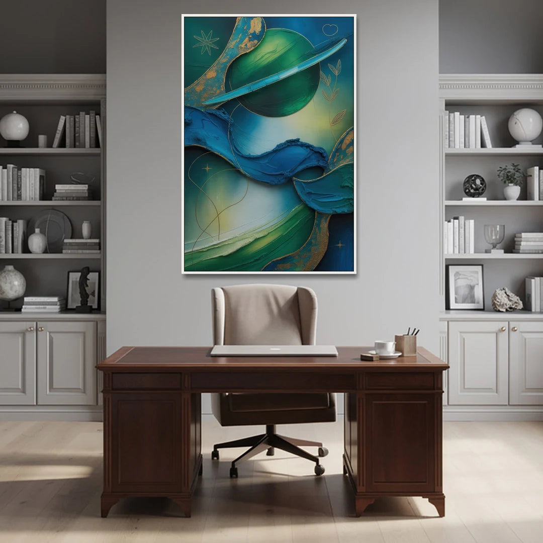 Celestial Nature Blue and Green Abstract - White Framed Canvas Wall Art - Office - 40x60
